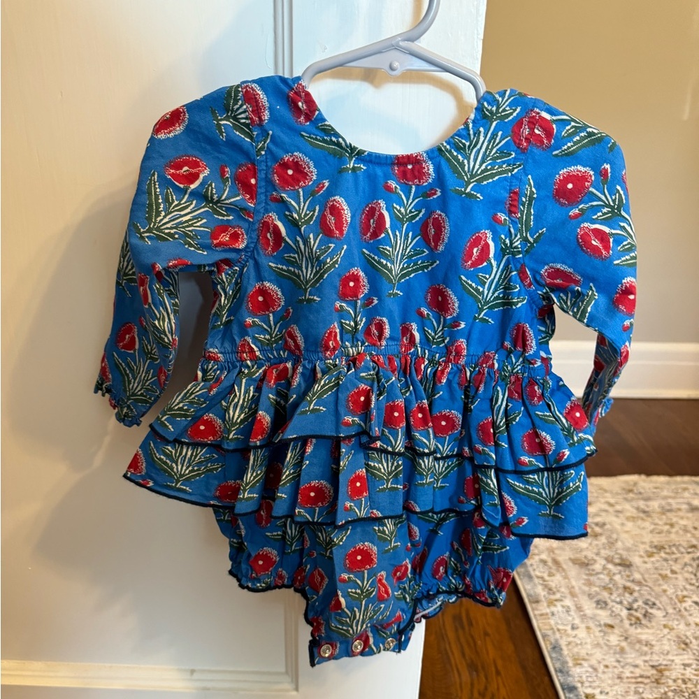 Pink Chicken Blue Floral Ruffle Bubble Dress with Red Flowers